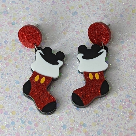 Jewelry - Mickey Mouse red glitter stocking acrylic drop earrings